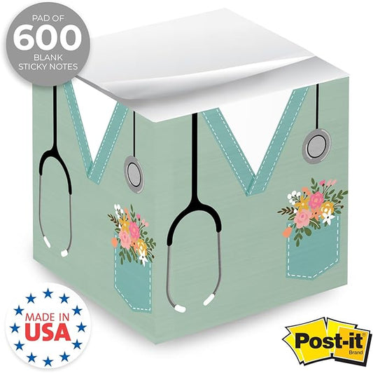 Nurse Scrubs Sticky Note Cube / 600 Sheets / 2.75" Nursing Memo Block Printed On 4 Sides/Floral Pocket Cube/Made in USA
