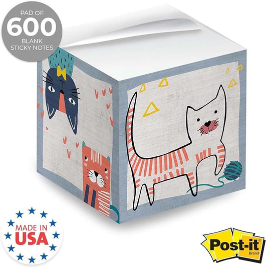 Whimsical Cats Sticky Note Cube / 600 Sheets / 2.75" Memo Block Printed on 4 Sides/Different Feline Design On Each Side/Cat Lover Note Cube
