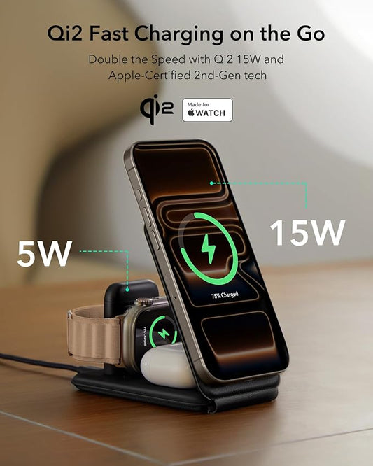 ESR 3 in 1 Charging Station for Apple, Certified Apple Watch Charger, 15W MagSafe Charger Stand for iPhone, Travel Charger for iPhone 17/16/15/14/13, Watch, AirPods,Black