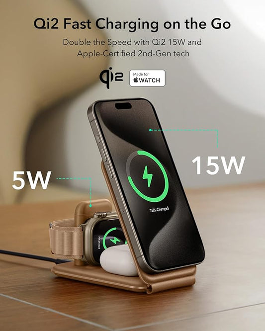 ESR 3 in 1 Charging Station for Apple, Certified Apple Watch Charger, 15W MagSafe Charger Stand for iPhone, Travel Charger for iPhone 17/16/15/14/13, Watch, AirPods,Brown