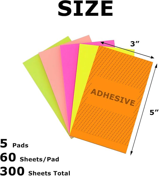 5 Pads Full Adhesive Sticky Notes 3 x 5 in, 5 Bright Colored Sticky Notes Full Adhesive Back for Home Office School Supplies, 60 Sheets/Pad, 300 Sheets Total, 4A 305-Full Adhesive-300
