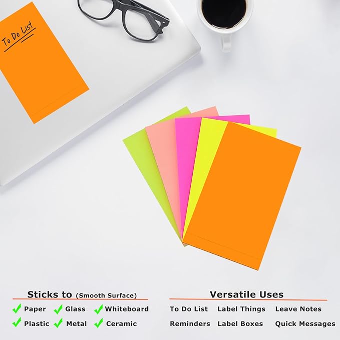 5 Pads Full Adhesive Sticky Notes 3 x 5 in, 5 Bright Colored Sticky Notes Full Adhesive Back for Home Office School Supplies, 60 Sheets/Pad, 300 Sheets Total, 4A 305-Full Adhesive-300