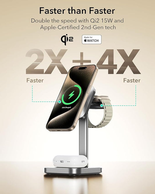 ESR for 3 in 1 Wireless Charging Station, Certified Apple Watch Charger, 15W MagSafe Charger Stand for iPhone, Wireless Charger for Multiple Devices iPhone 17/16/15/14/13, Watch, AirPods, Grey