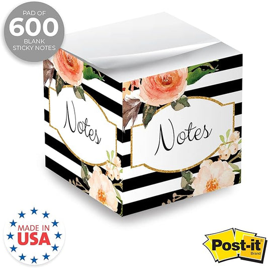 Black and White Floral Sticky Note Cube / 2.75" Memo Block Printed On 4 Sides/Modern Floral Stripe Design/Made in The USA