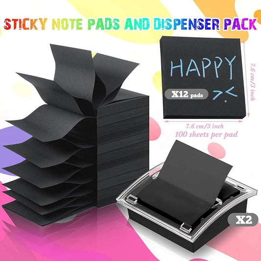 Yahenda 25 Pcs Pop up Sticky Note, Dispenser and Color Metallic Pens Set, 3 x 3 Inches Pop up Sticky Notes, Metallic Pens for Paper(Black)