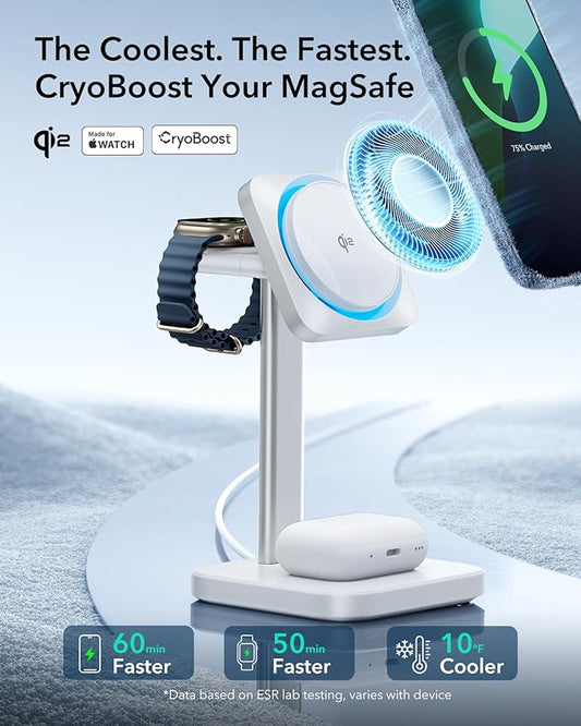 ESR for MagSafe Charger Stand, 3 in 1 Charging Station with CryoBoost, Phone-Cooling Wireless Charging, 15W MagSafe Stand, for iPhone 17/16/15/14/13/12, AirPods, Apple Watch, White