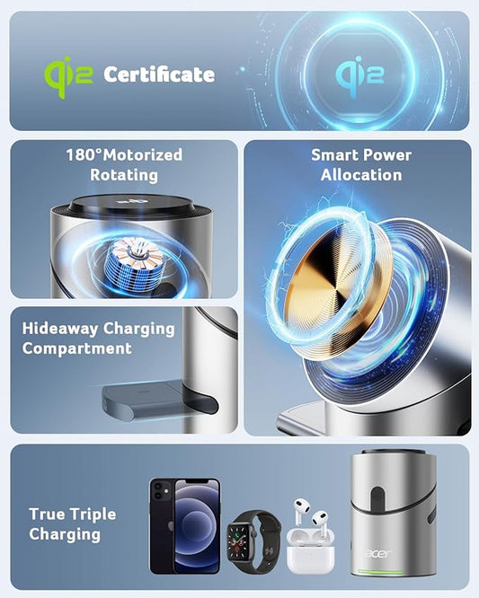 Acer S2 3 in 1 Charging Station for Apple - Qi2 15W iPhone Wireless Charging Station, Magsafe Charger Stand for iPhone 17 16 15 14 13 12 - Apple Watch - Airpods Series (Charger & USB-C Included)