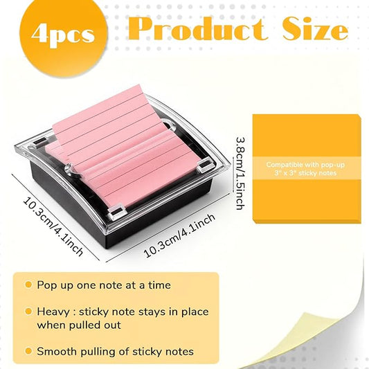 SHENLIU 4 Pcs Pop Up Sticky Note Dispenser Sticky Note Holder Pop Up Notes Dispenser Transparent Top for 3 x 3 Inch Sticky Notes School Office Home Store Black Base Clear Top