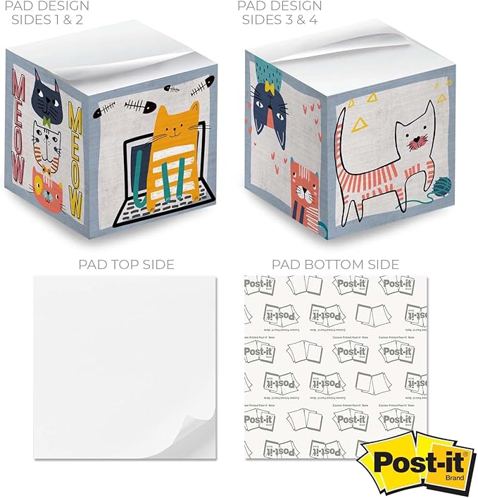 Whimsical Cats Sticky Note Cube / 600 Sheets / 2.75" Memo Block Printed on 4 Sides/Different Feline Design On Each Side/Cat Lover Note Cube
