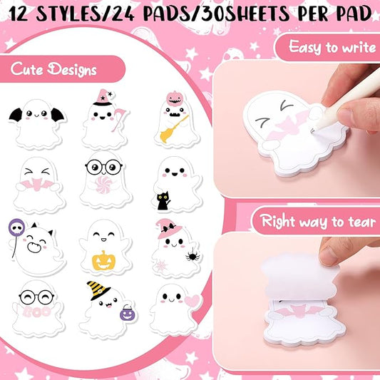 Yinder 24 Pads Cute Sticky Notes Fun Kawaii Animal Sticky Notes Pads Bulk Cartoon Memo Self Adhesive Gift for Christmas Veterinary Office School Tab Party Supplies(Ghost)