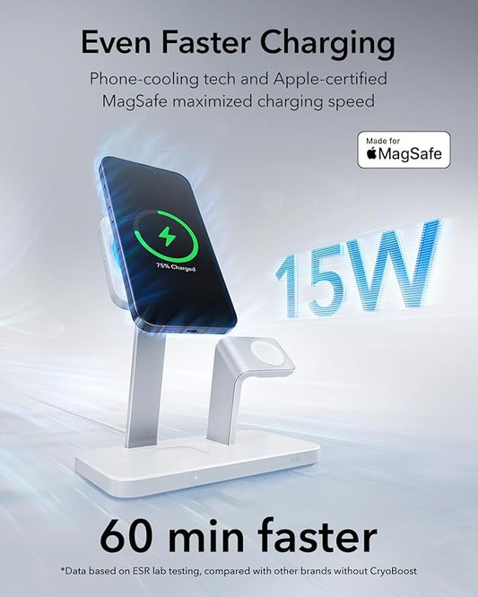 ESR 25W 3-in-1 Charger Stand for Magsafe, Made for Apple-Certified Magnetic Wireless Charger, 15W Charging Station for iPhone 17/16/15/14/13 Apple Watch/AirPods Pro, Phone-Cooling Charger, White