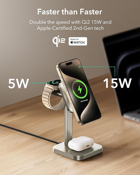 ESR for 3 in 1 Wireless Charging Station, Certified Apple Watch Charger, 15W MagSafe Charger Stand, Wireless Charger for Multiple Devices iPhone 17/16/15/14/13, Watch, AirPods, Natural Titanium