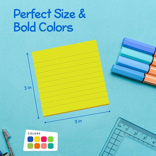 Lined Sticky Notes 3x3 Pack of 8, Bright Colored Super Self Sticky Pads - 60 Sheets/Pad - Easy to Post for School, Office Supplies, Desk Accessories