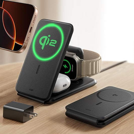 ESR 3 in 1 Charging Station for Apple, 15W MagSafe Charger Stand, MagSafe Travel Charger for iPhone 17/16/15/14/13/12 Series, Watch, AirPods, Black (Bag Included)